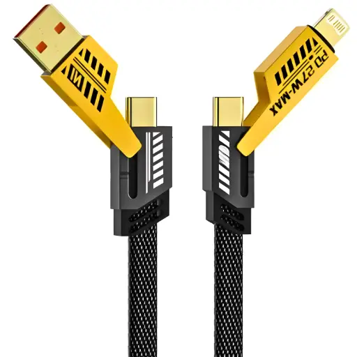 [4 in 1 cable] •	4-in-1 metal flat braided indestructible cable is 1.5m and 65W with lightning to type C, type C to C, and lighting to type A.